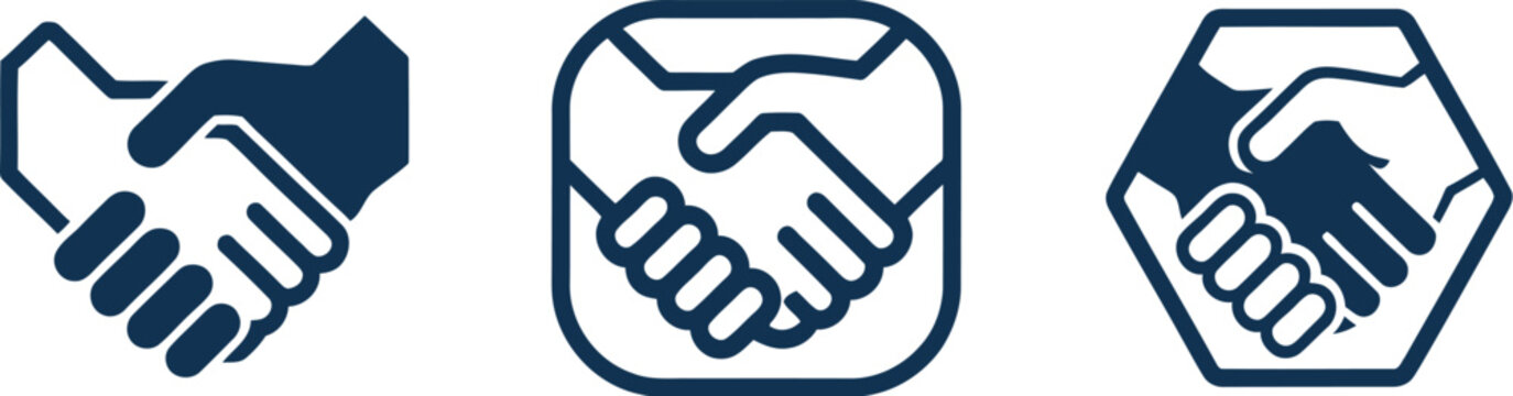 Business handshake icon set, professional partnership and agreement symbols, dark blue deal icons for corporate success and collaboration