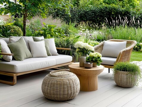Rustic cottagestyle patio with soft neutral palette and wooden textures