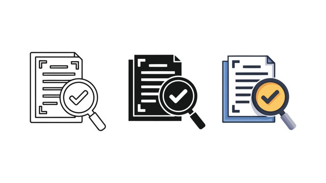 Document audit and verification vector icon set with magnifying glass and checkmark