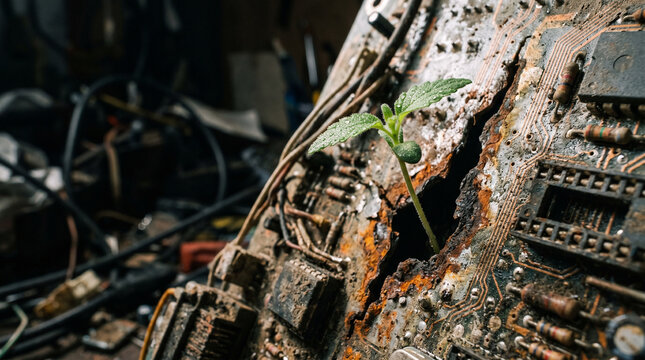 Green seedling growing from rusty discarded computer motherboard