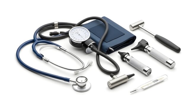 Medical equipment for doctors examination on isolated white background including stethoscope and blood pressure monitor