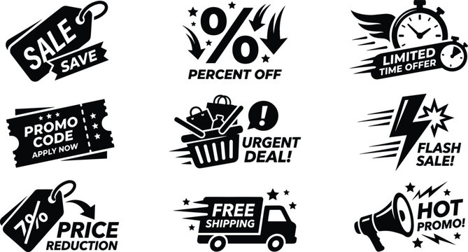 E commerce promotional discount badges collection with flash sale tags limited time offers and free shipping vector sticker elements