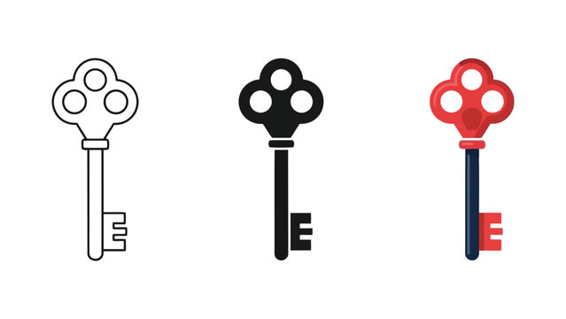 Set of three vintage keys in outline silhouette and flat color vector illustration