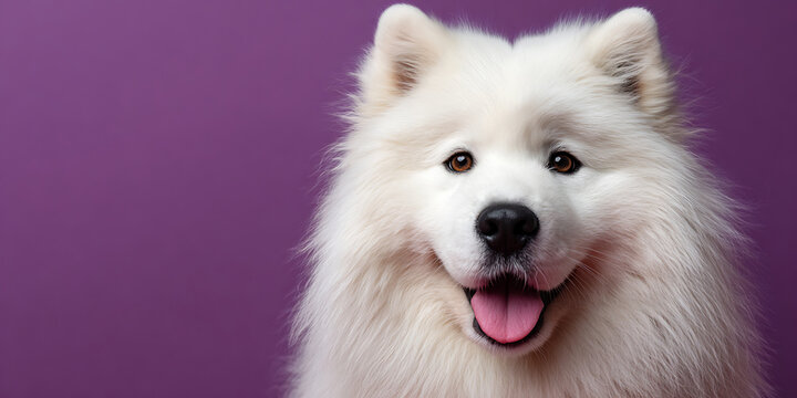 White Samoyed Dog Portrait on Purple Background