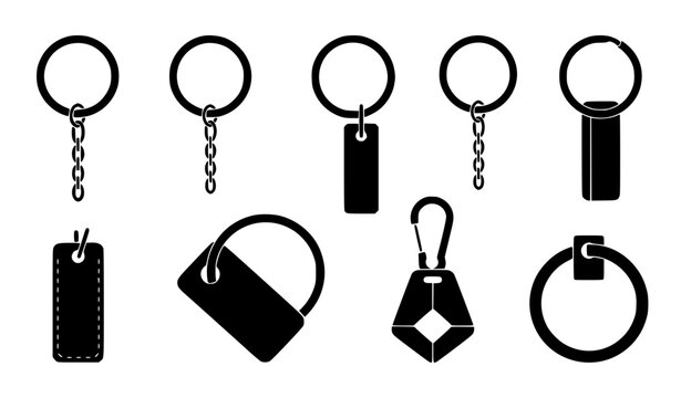 Minimal black metal keychain ring and chain icon collection vector illustration