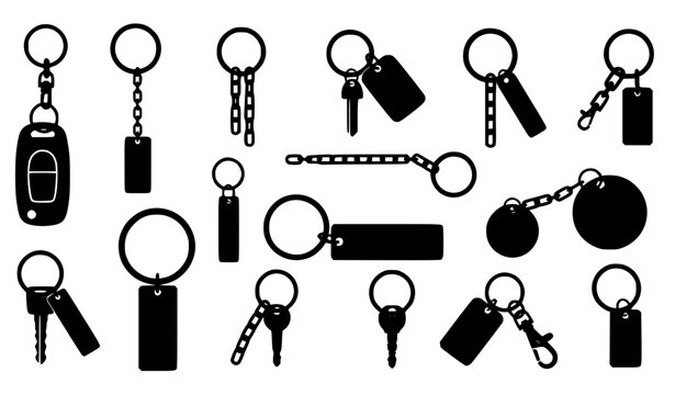 Black silhouette keychain ring and chain accessory set vector illustration