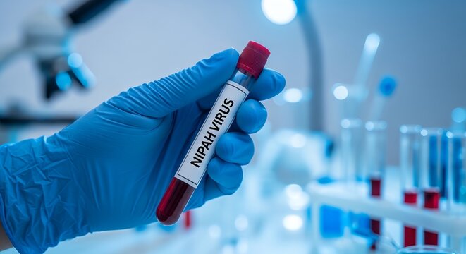 Scientist holding Nipah virus test tube in sterile laboratory setting