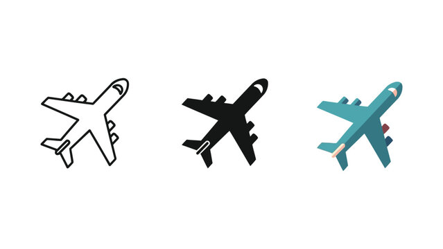 Airplane icon set in line art silhouette and isometric vector styles
