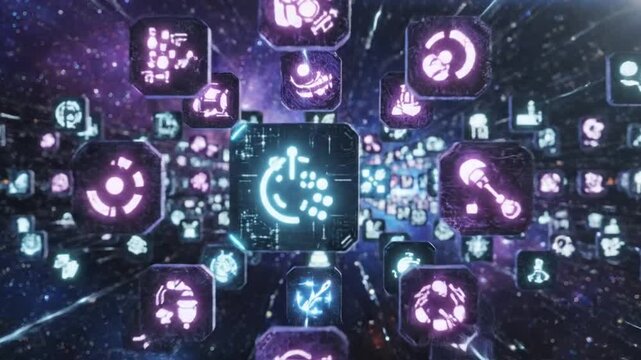 A futuristic digital illustration of various icons.