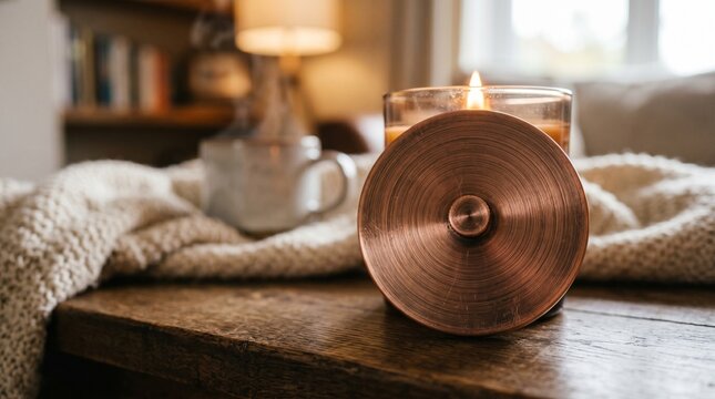 Cozy Living Room Scene with Burning Candle and Copper Lid