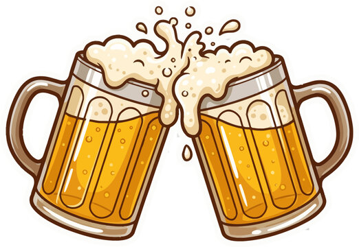 Two glass beer mugs clinking together with splashing foam and bubbles in a stylized cartoon vector illustration for party celebrations
