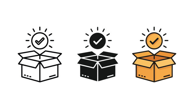 Open cardboard box with check mark vector icon set
