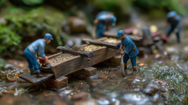 mining development gold mine doll. model miniature mineral white background macro men at work. miner mine wealth gold thinking. businessman investment asset children funds.