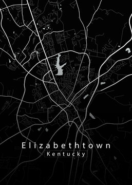 Elizabethtown Kentucky city map dark minimalist poster, black street map of Elizabethtown with roads and highways, modern monochrome cartography wall art print for home decor