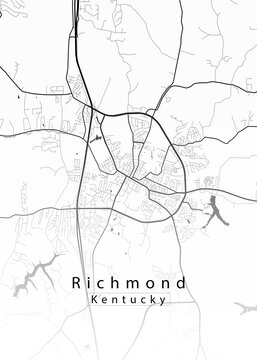 Richmond Kentucky city map poster &ndash; minimalist black and white street map of downtown Richmond, KY, USA with highways, roads and city name typography