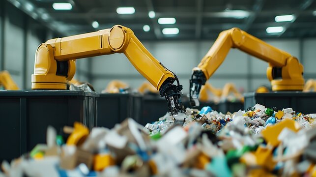 Automated robotic waste separation plants using advanced sensors and robotics to sort mixed waste streams with extreme precision, maximizing recycling efficiency.