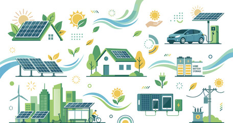 Alternative clean energy infrastructure vector icon set featuring solar panel house systems electric cars and green city skyscrapers, © msttaniyaakter