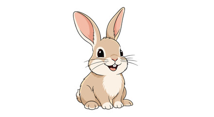 Fototapeta premium Happy brown rabbit sitting and smiling with long ears and whiskers in a detailed cartoon character illustration for kids.