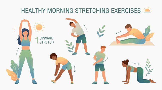 2D FLAT VECTOR Healthy Morning Stretching Exercises for a Fit Lifestyle Vector
