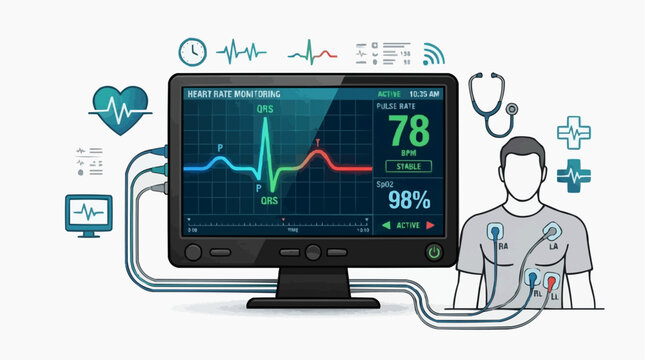 2D FLAT VECTOR Medical heart rate monitor displaying ECG and vital signs for patient health monitoring Vector