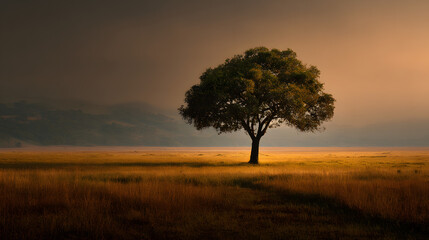 Fototapeta premium Tree silhouette standing alone in vast empty landscape 