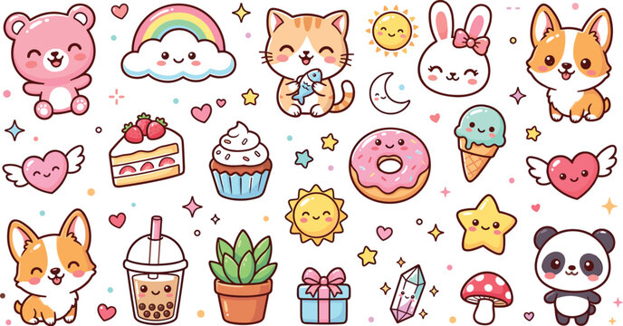 Cute Kawaii Animals and Sweet Desserts Sticker Set with Teddy Bear Kitten Corgi Puppy Panda Bunny Donuts Cupcake and Boba Tea Vector Illustration for Kids Design