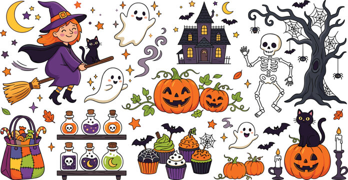 Cute Halloween vector element set featuring a little witch flying ghosts haunted house skeleton pumpkins cupcakes and potion bottles,
