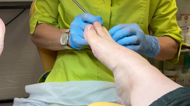 Doctor specializing in foot and nail diseases who treats gloved nails in clinical setting, removes the nail plate with an electric drill, pays special attention to diabetic foot care and sterility
