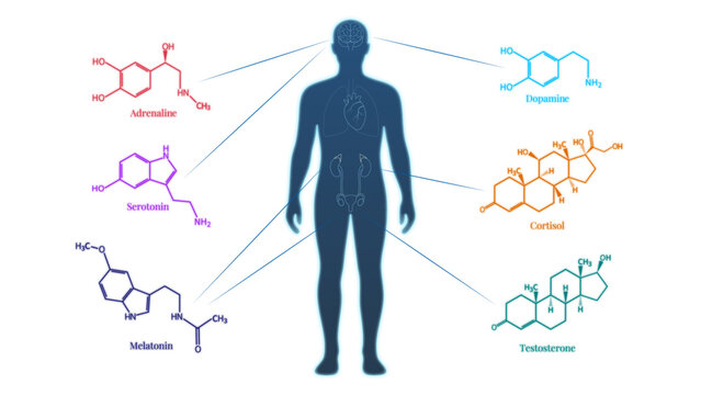 Human Hormones and Endocrine System Diagram with Chemical Structures of Dopamine, Serotonin, Adrenaline, Cortisol, Melatonin, and Testosterone on Body Silhouette