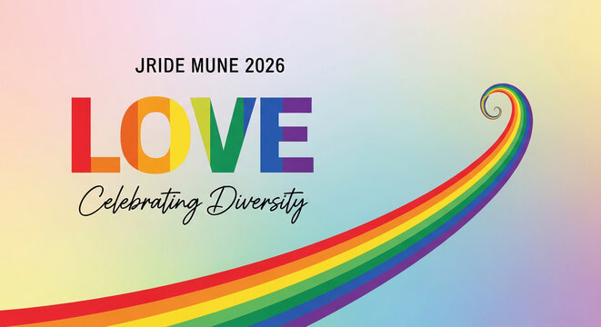 Colorful rainbow stripe forms a dynamic swirl, with the word "LOVE" and text "Celebrating Diversity" on a gradient background, symbolizing pride and inclusivity