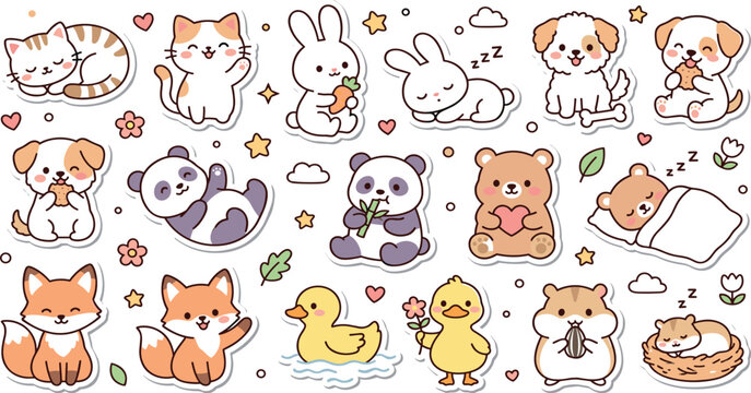 Cute Kawaii Baby Animals Sticker Set with Kittens Puppies Bunnies Pandas Bears Foxes Ducklings and Hamsters Vector Illustration for Kids Graphic Design