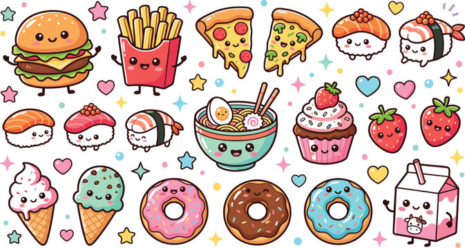 Cute Kawaii Fast Food and Sweet Dessert Sticker Set with Burger Fries Pizza Sushi Ramen Donuts Ice Cream and Milk Carton Vector Illustration