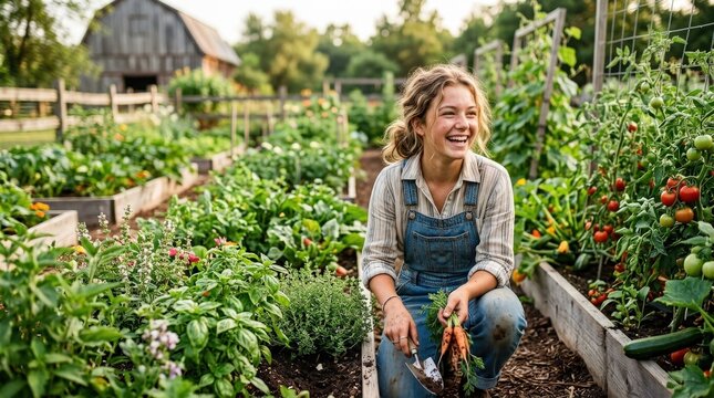 Portrait of a teenage girl playing in a vegetable garden, joyful outdoor lifestyle with fresh plants, healthy living and farm to table atmosphere in a natural setting, soft natural light, authentic