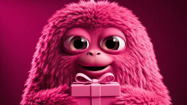 Cute pink fuzzy monster holding a gift box and puffing cheeks, 3D animation close up for holiday marketing and social media.