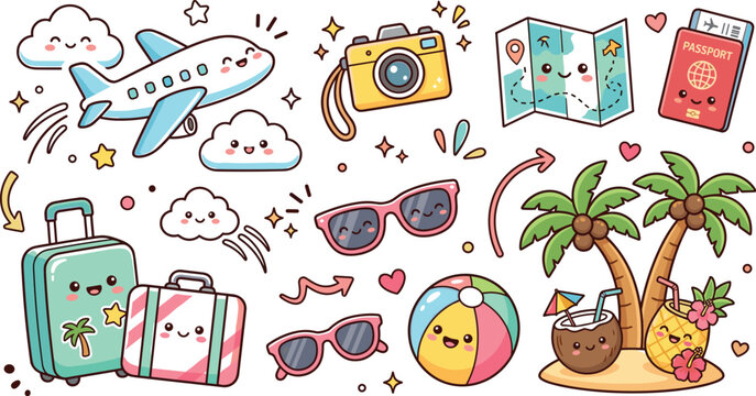 Cute Kawaii Summer Travel Sticker Set with Airplane Suitcases Camera Passport Sunglasses Beach Ball and Palm Trees Vector Illustration for Vacation Graphic Design