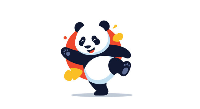 Adorable panda bear character dancing joyfully with a bright red circle background and autumn leaves scattered around for happy vibes.