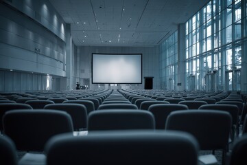 Naklejka premium Minimalist conference venue interior with empty seating and a wide blank display on stage