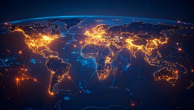 World map at night with city lights, global connectivity concept.