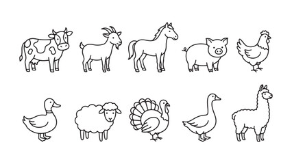 Obraz premium Set of farm animals and birds standing and walking cartoon vector illustrations