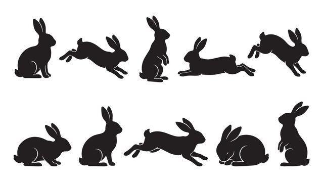 Black rabbit jumping and sitting in different positions vector illustration