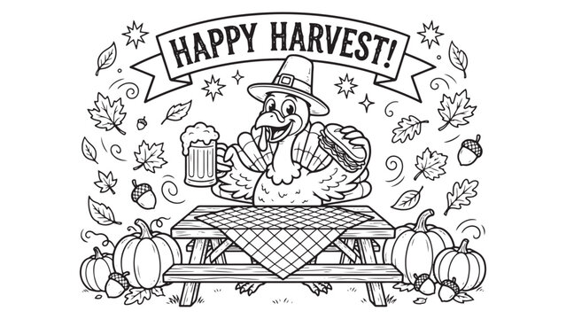 Happy turkey with beer celebrating harvest festival on wooden table with pumpkins and autumn leaves
