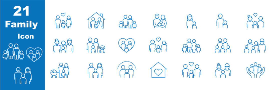 Family relationship vector icon set. Vector glyph pictograms of couple, parent, child, elderly people, pregnancy, parenting, community, single mother,