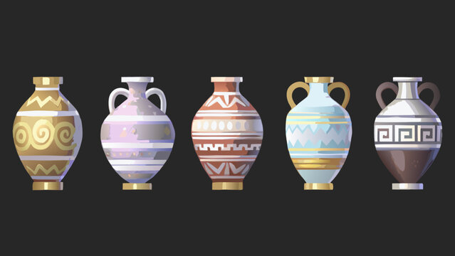 stylized ancient pottery vases collection on dark background