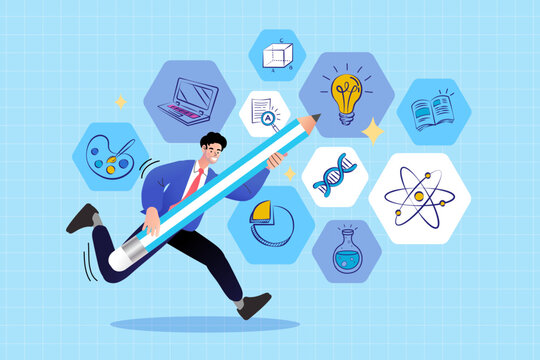 Man holding giant pencil with various academic hexagon icons. Creative education and integrated learning banner for school websites, STEAM webinars, or multi-disciplinary study posters.