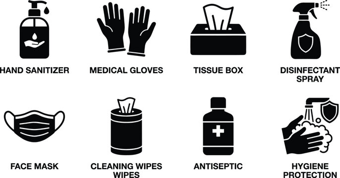 Medical hygiene protection icon set with hand sanitizer disinfectant spray face mask cleaning wipes and antiseptic health vector elements