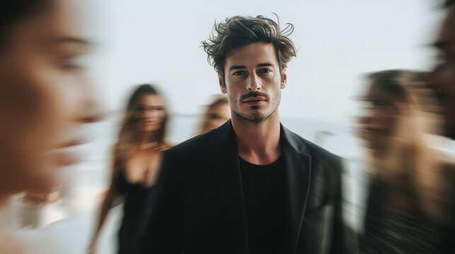 Young Caucasian man standing still in blurred crowd indoors, front view portrait concept for individuality and standing out