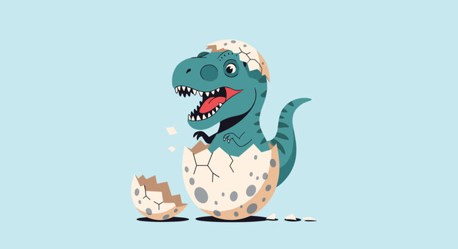 Exciting moment of a baby tyrannosaurus rex dinosaur hatching from a spotted egg with its mouth open in a roar against a blue background.