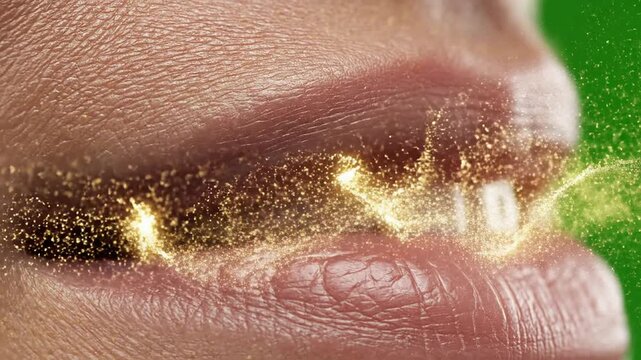 Close-Up of Lips with Gold Glitter Sparkles Effects on Vibrant Green Background for Cosmetic and Beauty Advertising