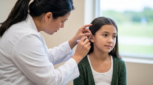 A female doctor in a white coat examines the ear of a young girl with an otoscope during a medical check-up.