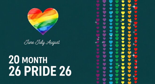 Rainbow heart on dark background with rows of colorful hearts, symbolizing pride month and community, with space for text